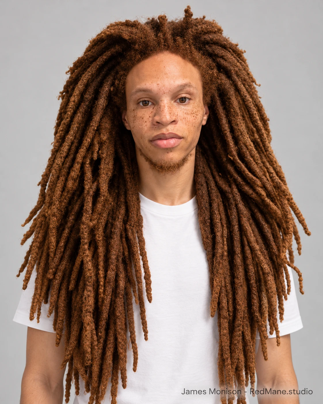 James Morrison, studio portrait in a white tee.